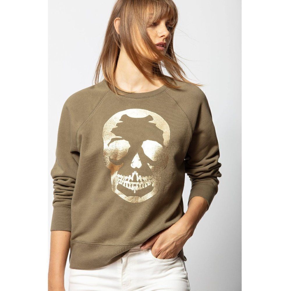 Zadig & Voltaire Metallic Gold Foiled Skull Fleece Sweatshirt Green Women's S